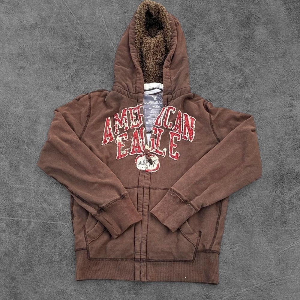 American Eagle Outfitters Brown Sherpa Lined Zip Up Hoodie Medium Mens Y2K